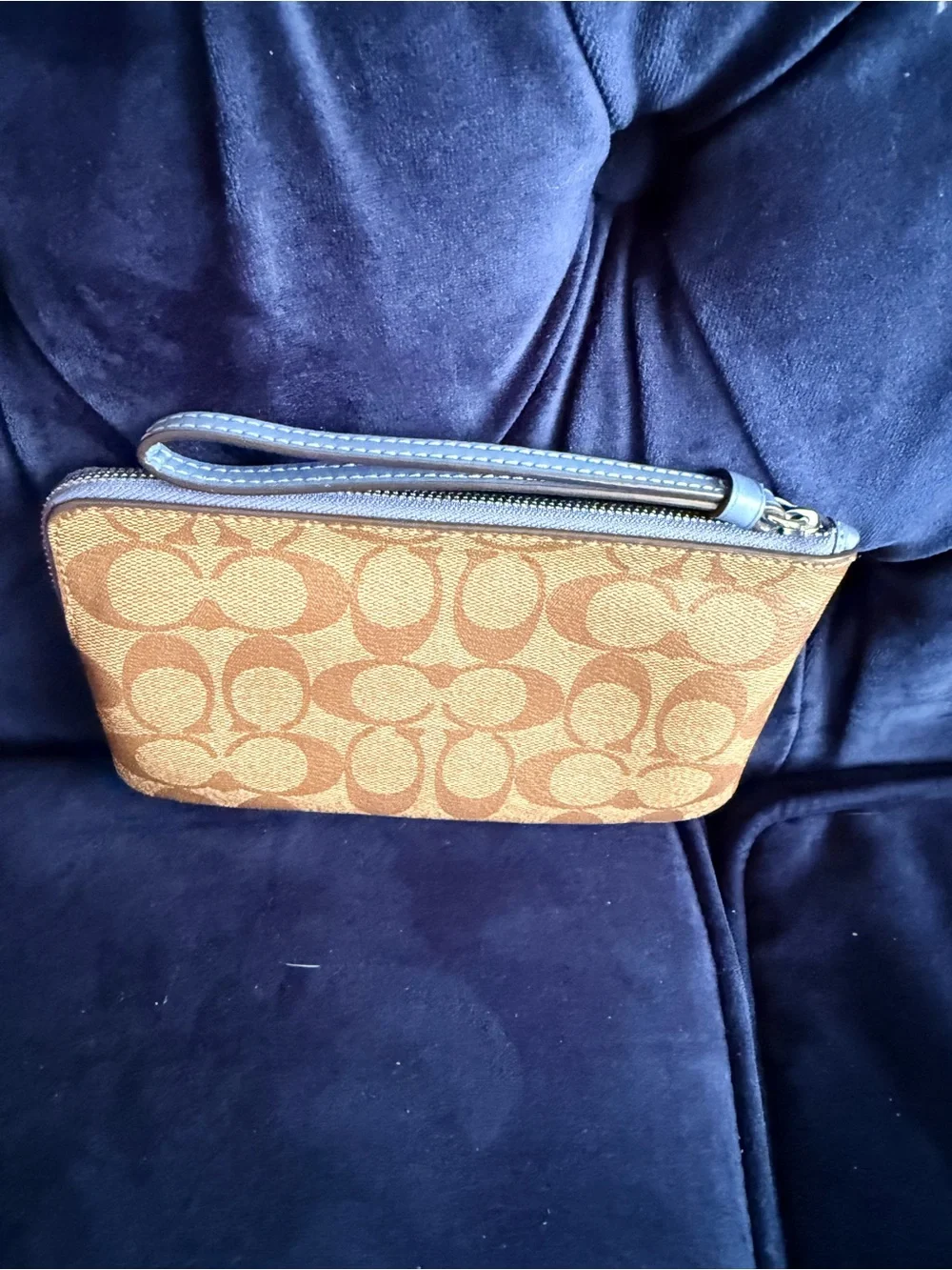 Coach Tan Signature Canvas Wristlet with Blue Leather Trim